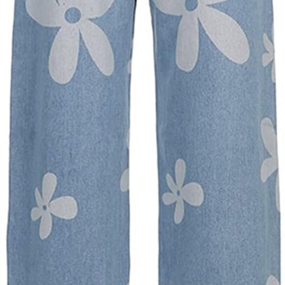 Women's Flower Print Y2K Fashion Wide Leg High Waist Denim Pants Boyfriend Jeans - Picture 5 of 6